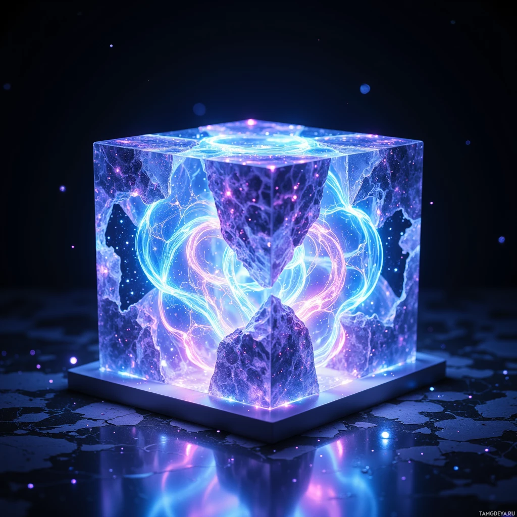 A glowing, cosmic cube with intricate light patterns and a central rock formation.
