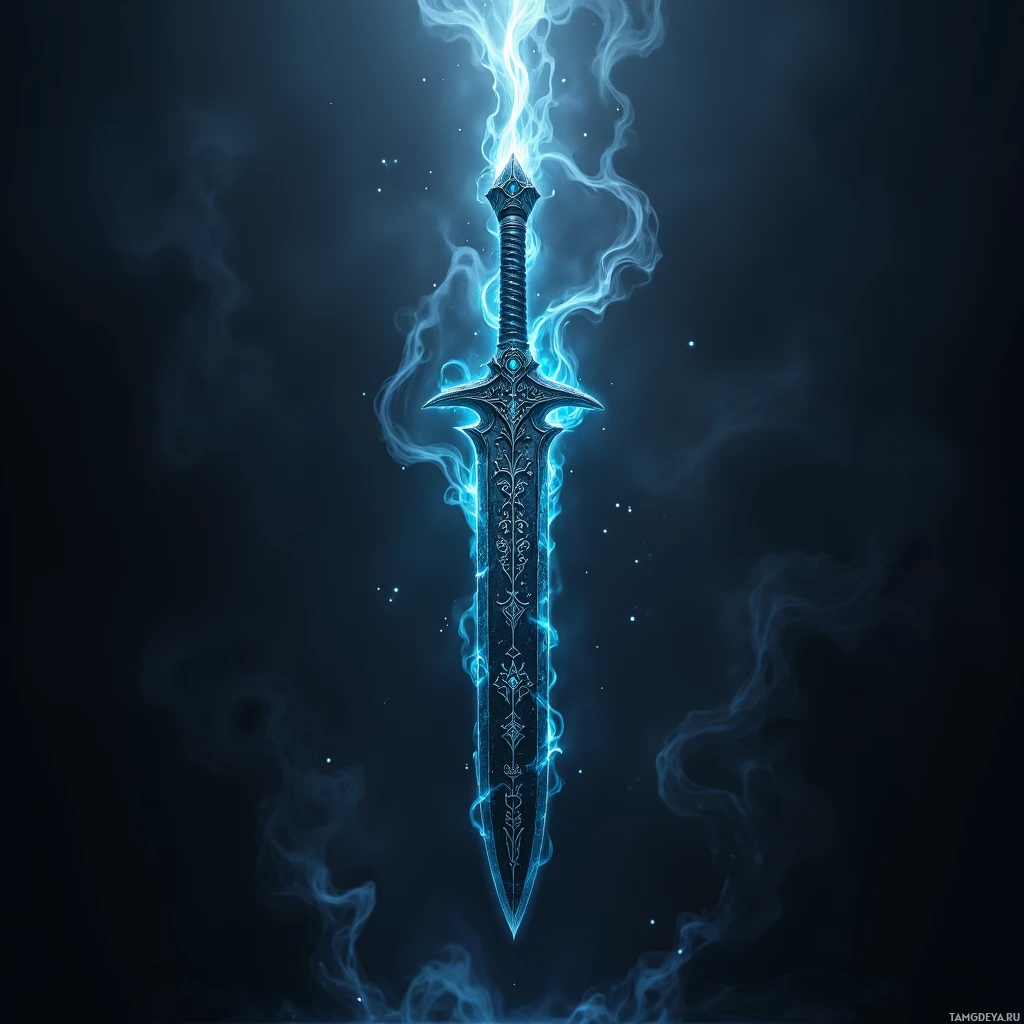 A glowing blue sword with intricate designs and swirling energy emanates from its blade against a dark background.