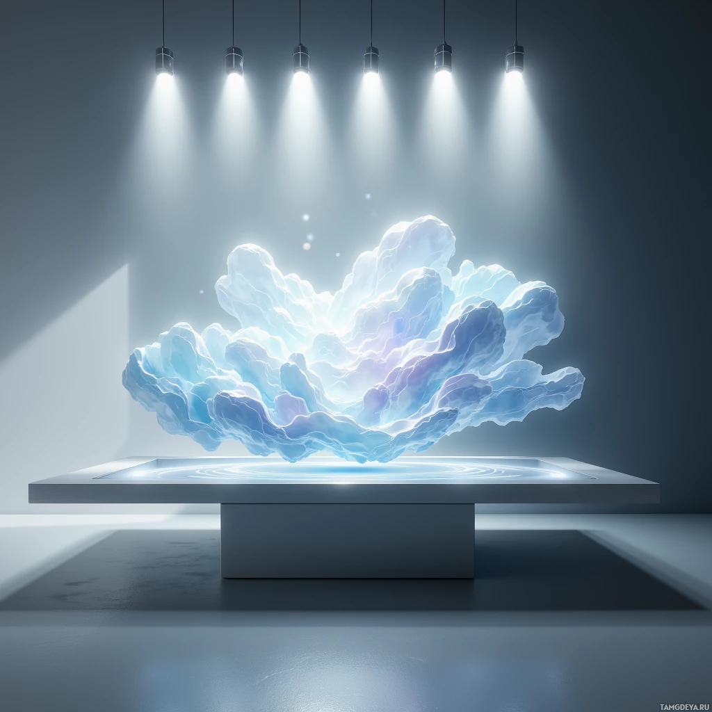 A glowing, ethereal cloud sculpture is suspended above a reflective platform in a dimly lit room.