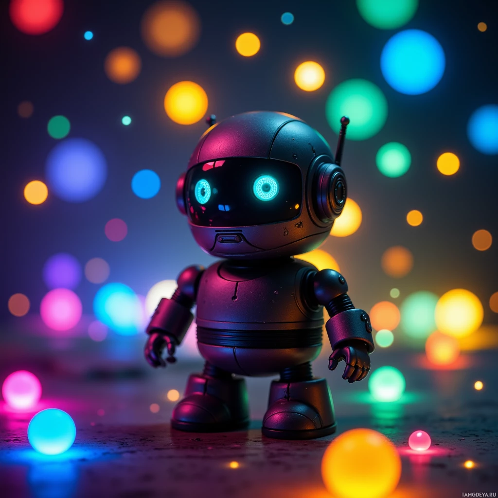 A small, metallic robot with glowing blue eyes stands against a backdrop of colorful, bokeh lights.