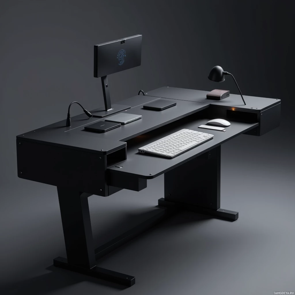 A sleek, modern black desk setup with a monitor, keyboard, mouse, and lamp.
