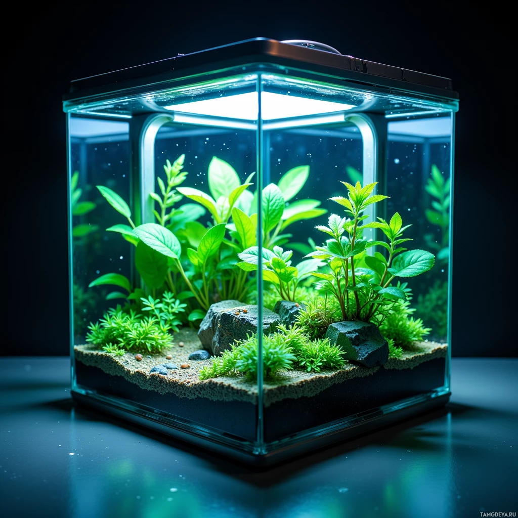 A glass terrarium with lush green plants and rocks inside.