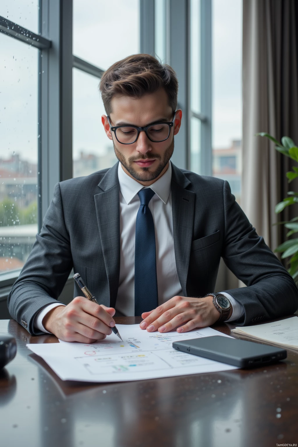 A man in a suit is sitting at a desk, writing on a document.