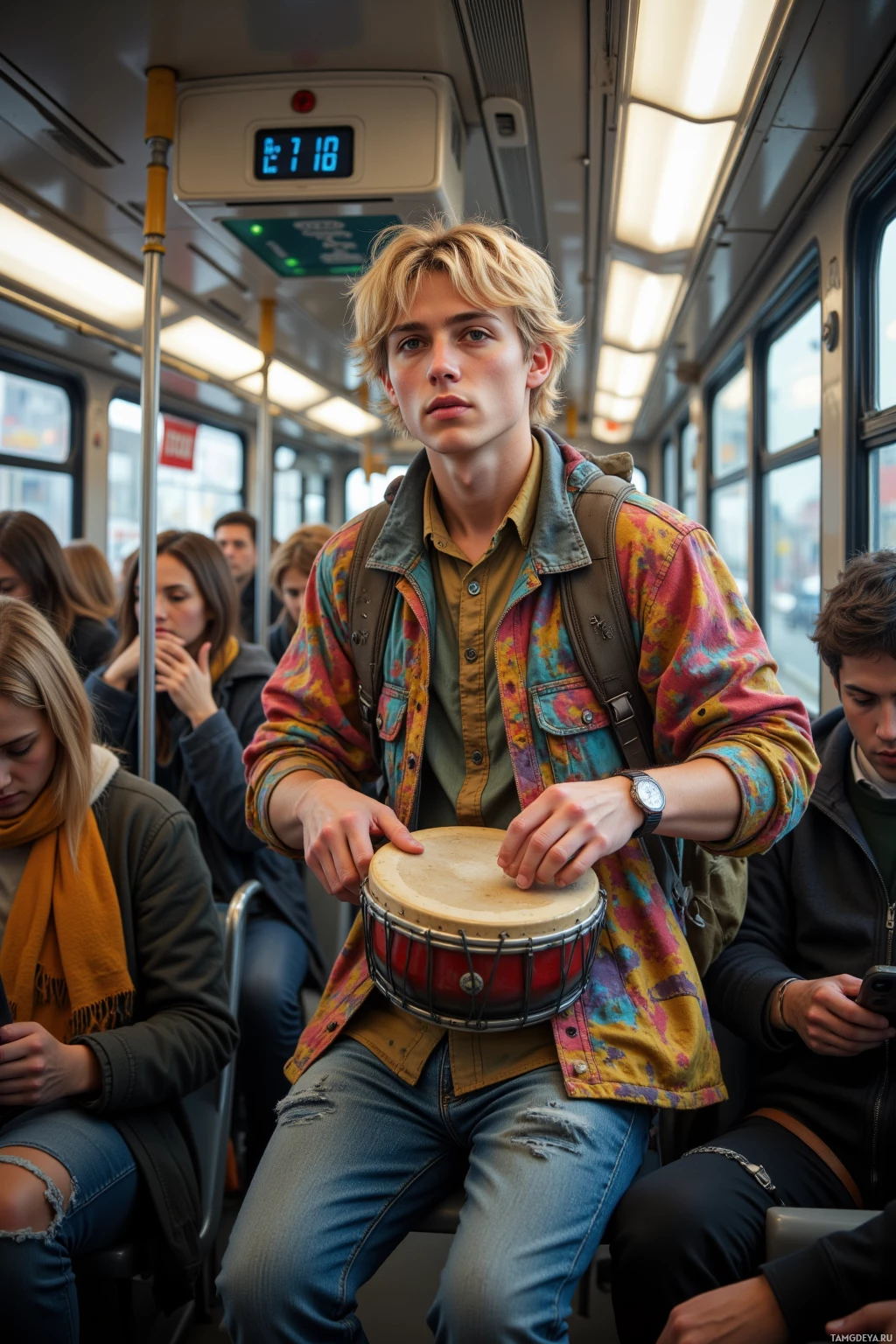 A young man plays a drum while sitting on a public bus.