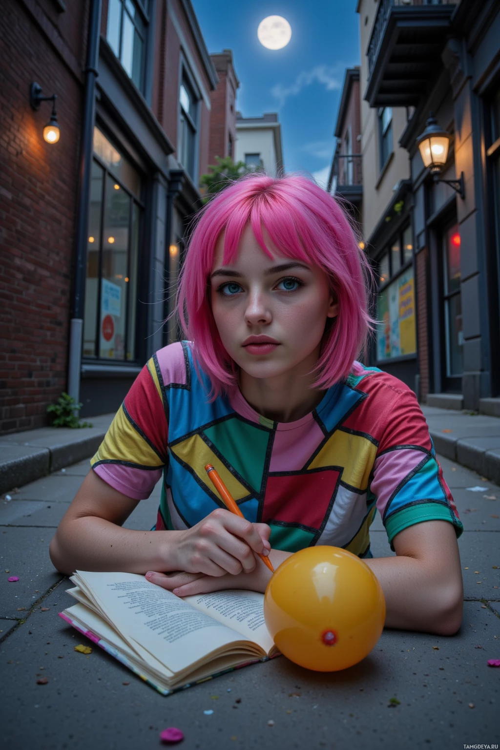 A person with pink hair sits on a sidewalk, holding a pencil and looking at an open book with a yellow balloon nearby.