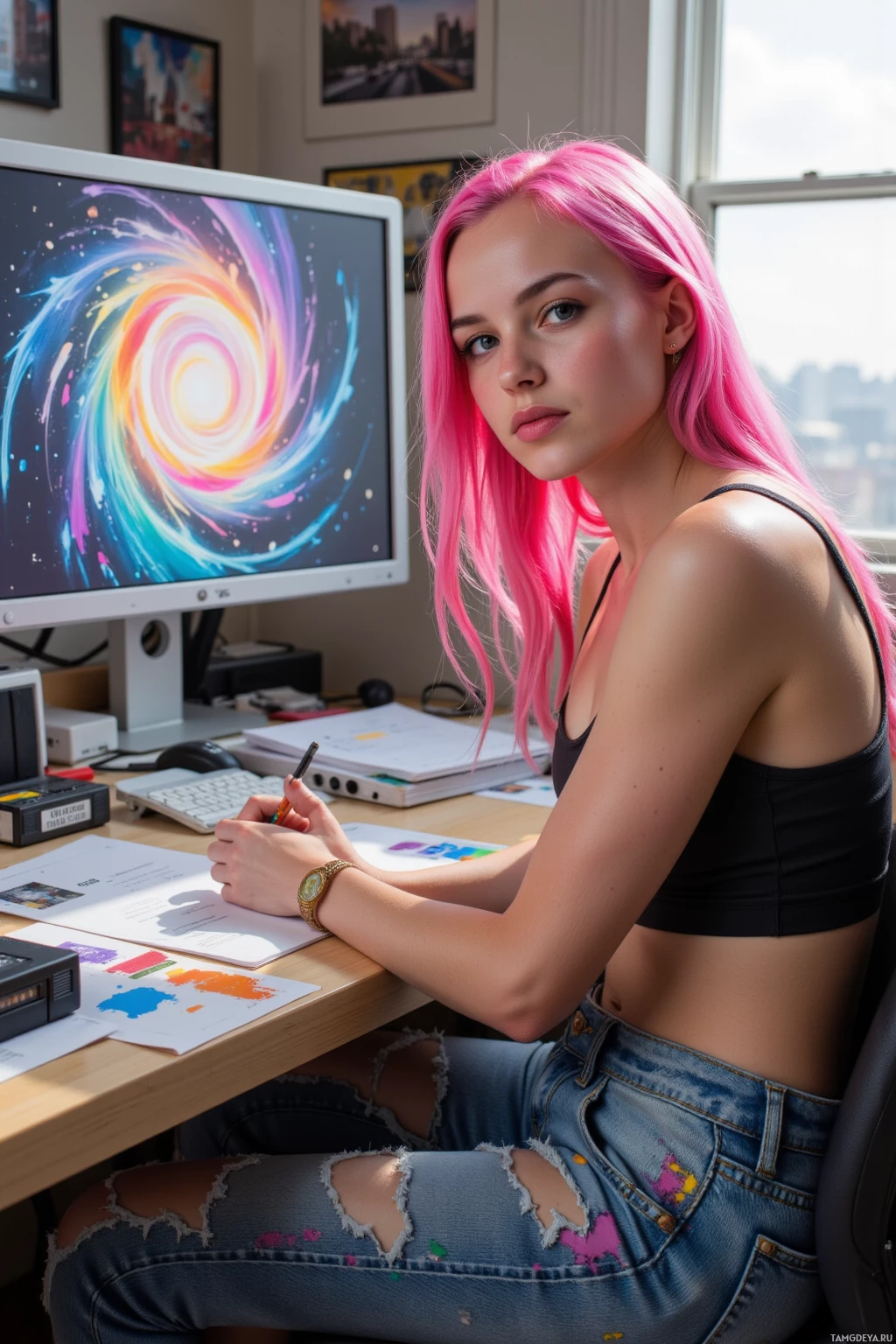 A person with pink hair sits at a desk with a computer, holding a pen and looking at the camera.
