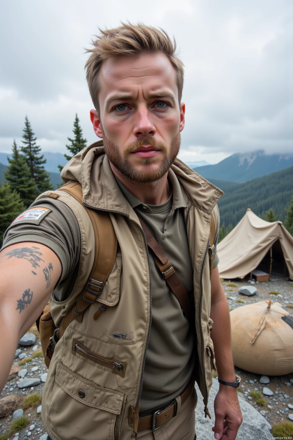 A man in outdoor gear takes a selfie in a mountainous area with tents in the background.
