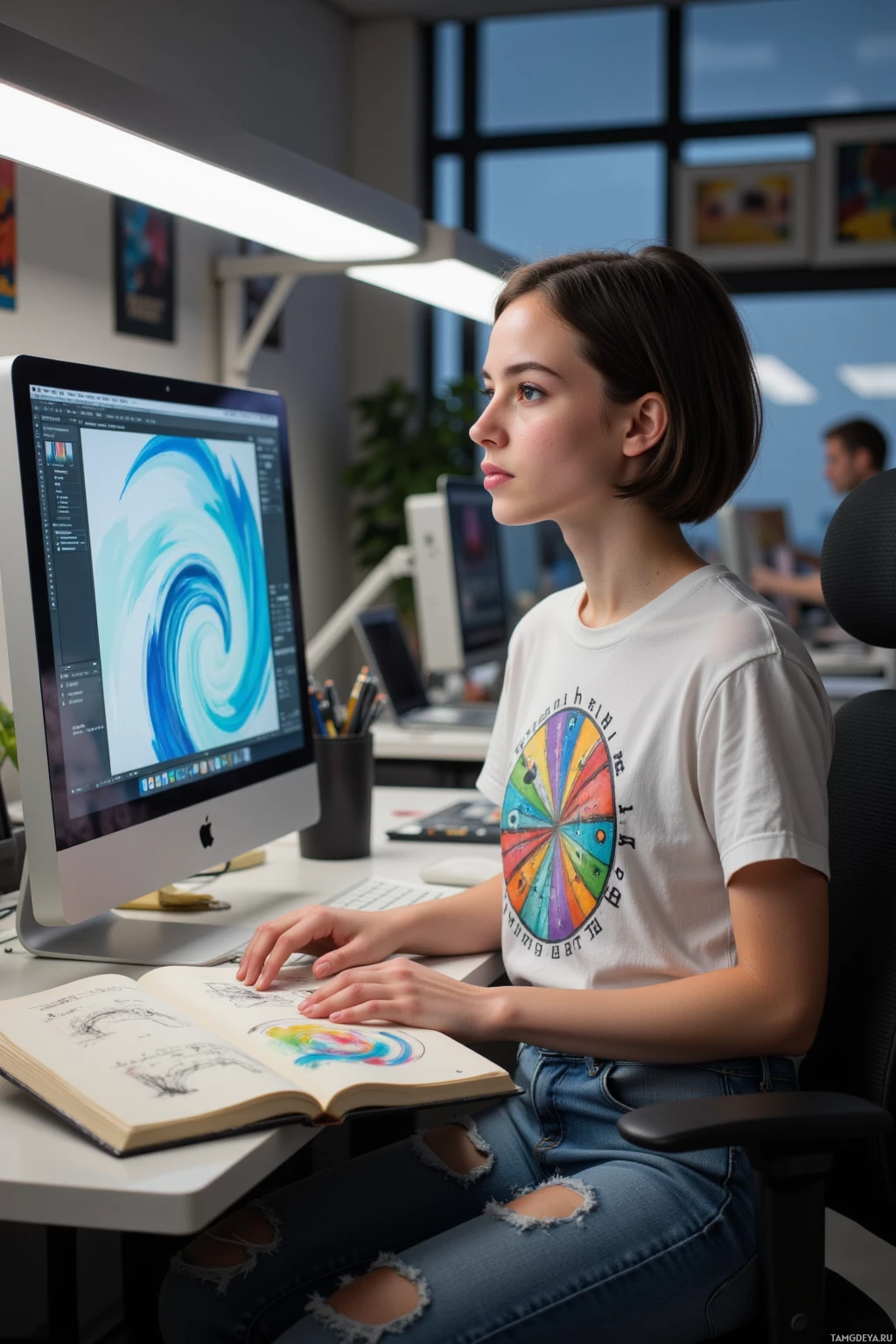 A person is sitting at a desk working on a computer with a colorful swirl design on the screen.