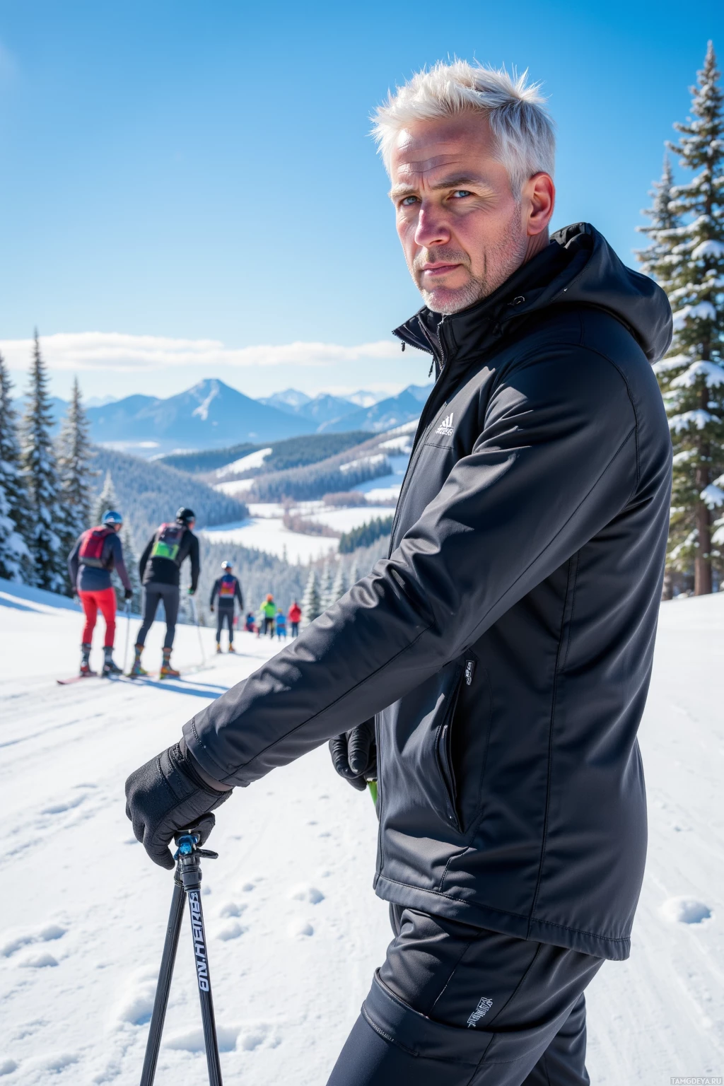 A man in a black ski jacket stands on a snowy slope, holding ski poles, with other skiers and a mountainous background.