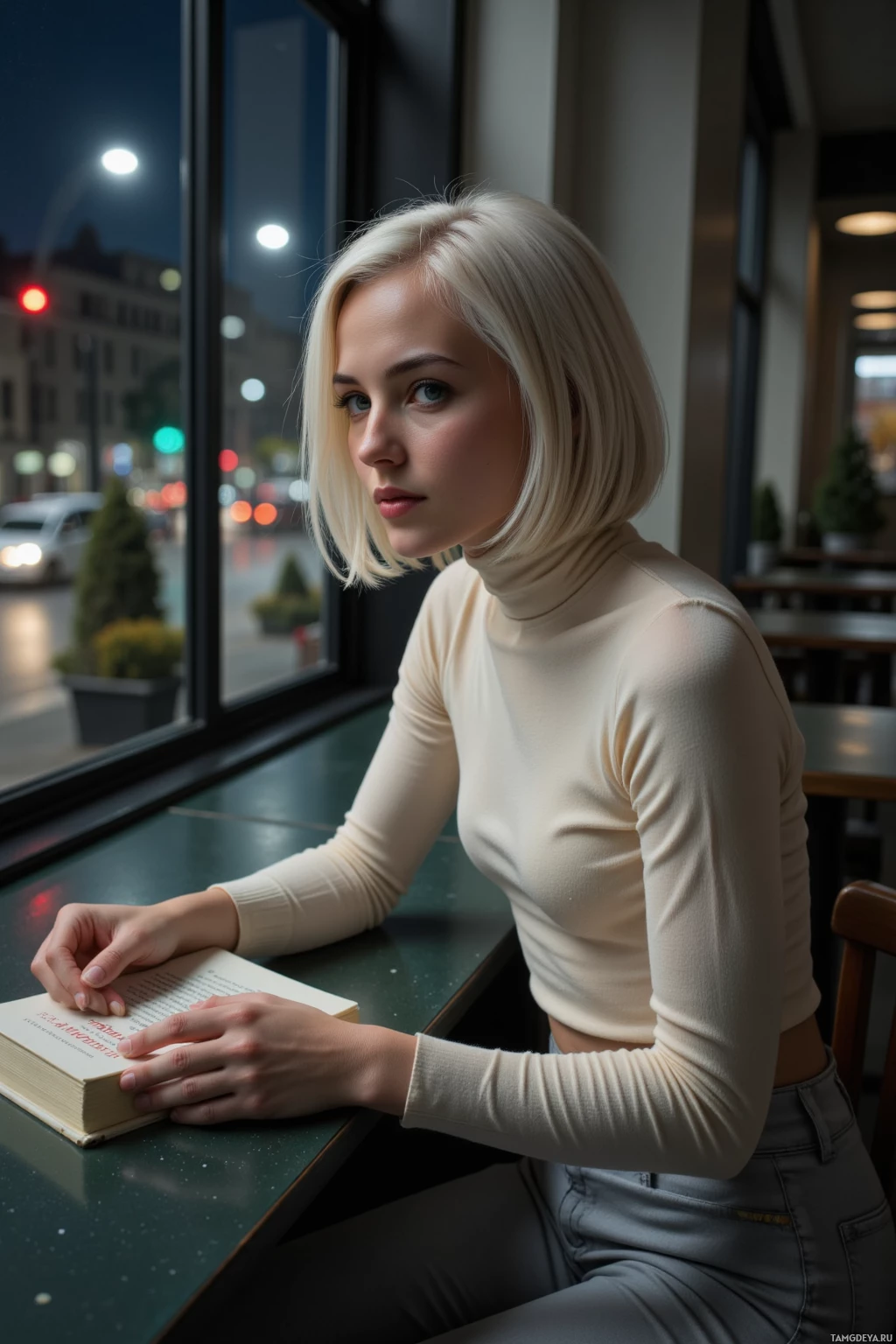 A woman with blonde hair sits at a table by a window, reading a book.