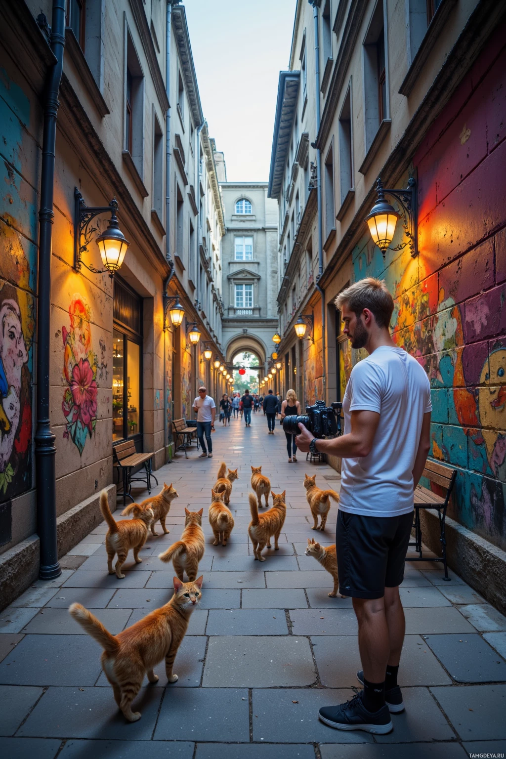 A man with a camera stands in a narrow alleyway surrounded by colorful murals and cats.