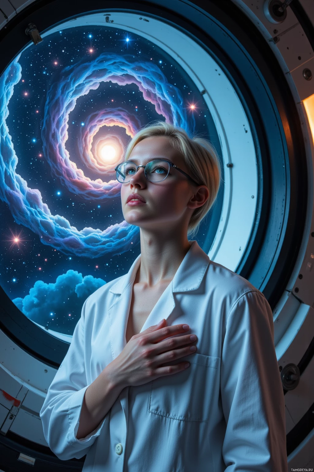 A person in a white lab coat stands in front of a circular window showing a cosmic scene with stars and a glowing ring.