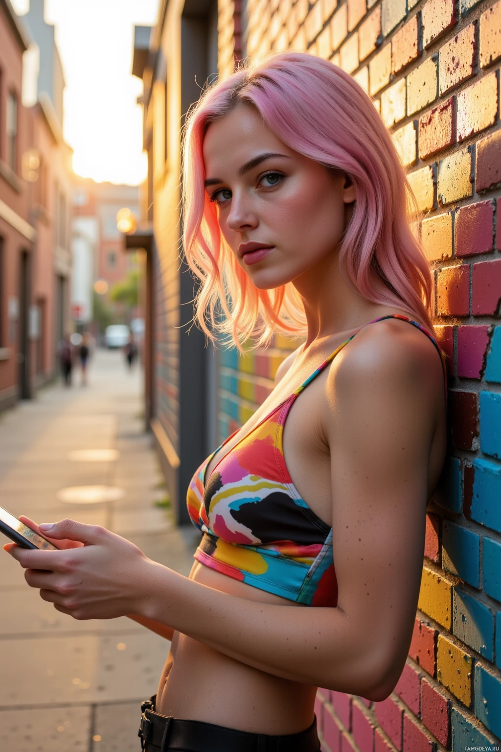 A person with pink hair leans against a colorful brick wall while holding a phone.