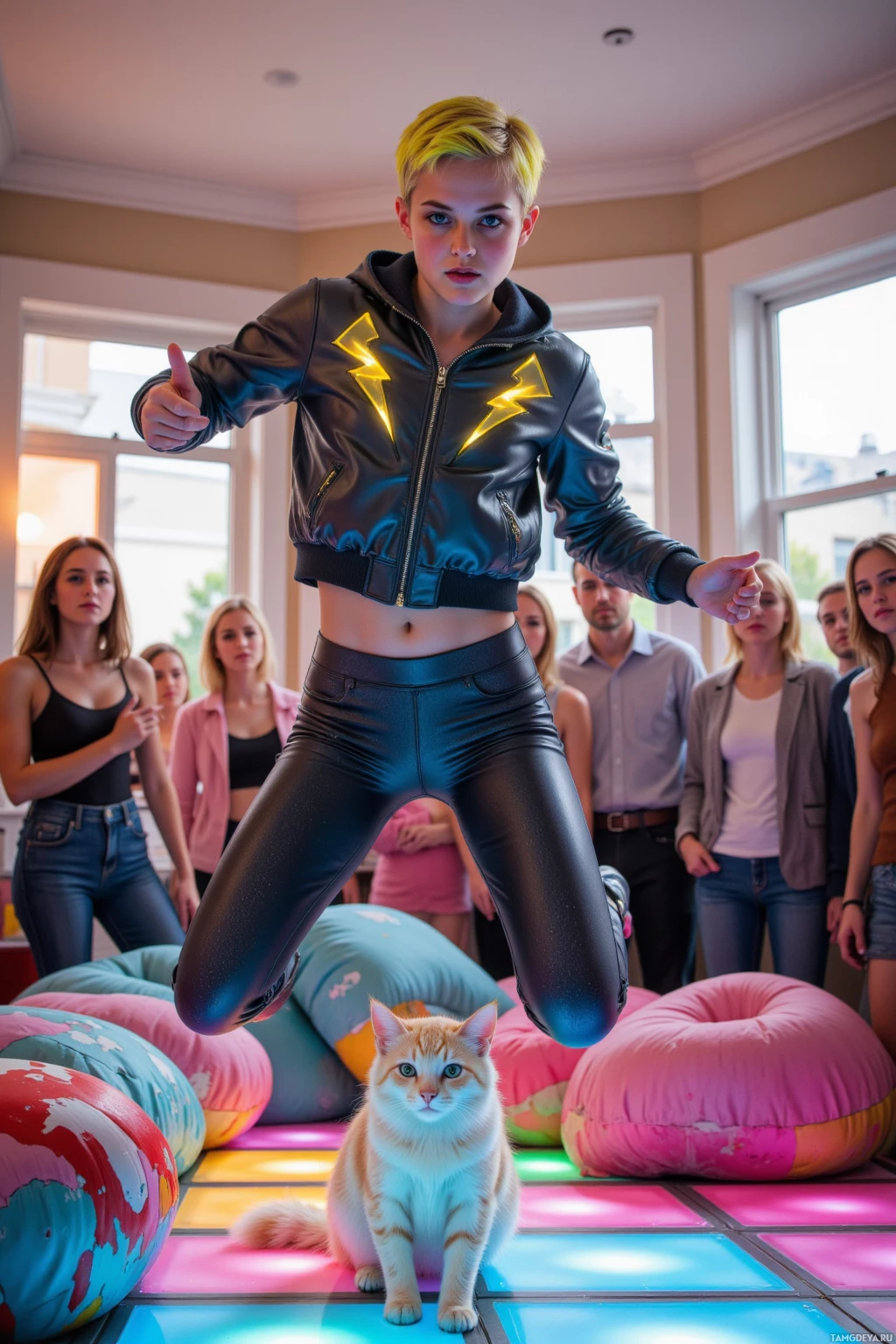 A person in a black leather jacket and shiny pants stands in front of a group of people, with a cat sitting on a colorful floor.