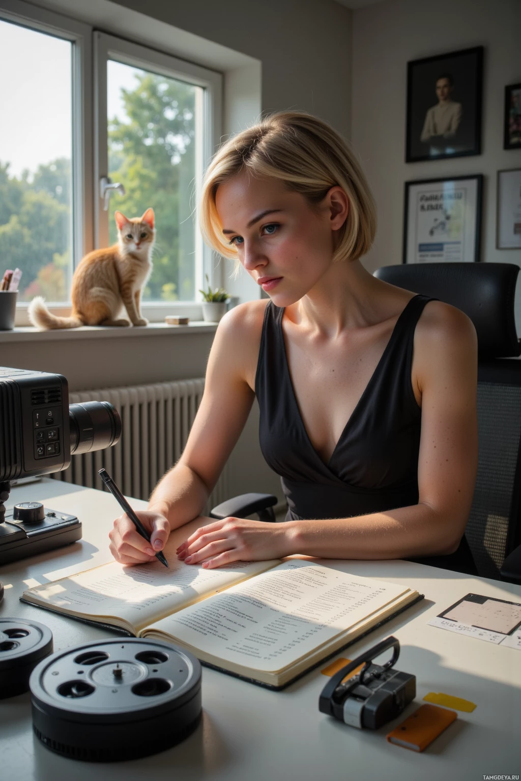 A woman sits at a desk, writing in a notebook with a cat perched on the windowsill behind her.