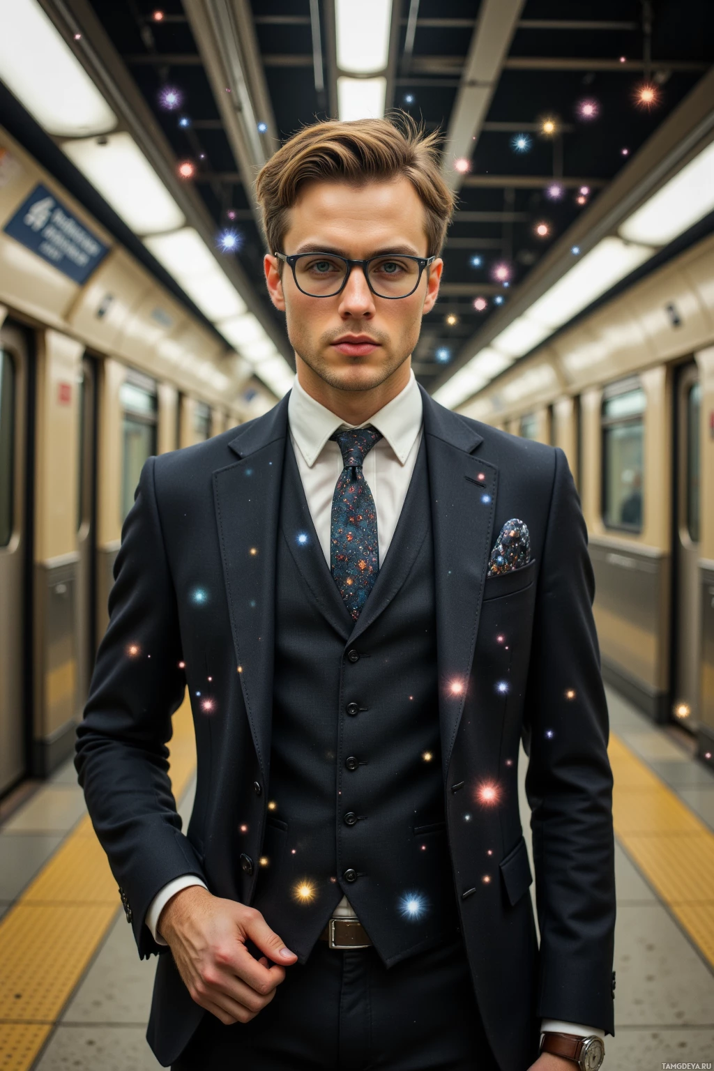 A man in a formal suit stands on a subway platform with colorful lights in the background.
