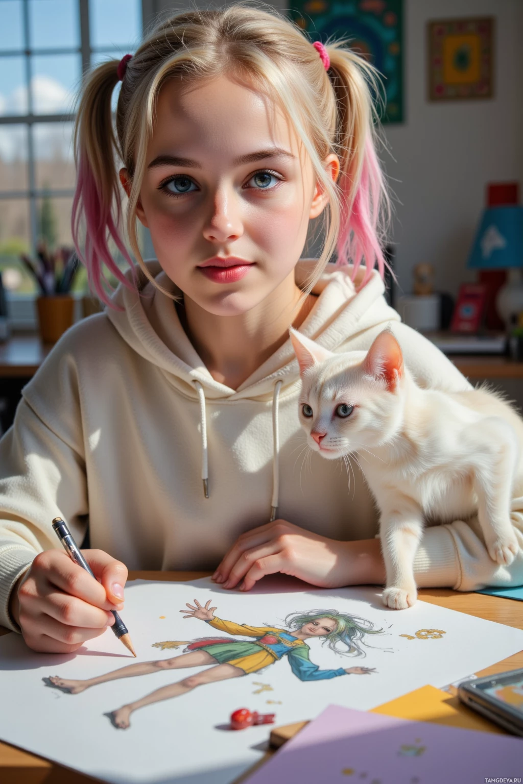 A young person with pigtails and a cat draws a colorful illustration of a girl on a desk.
