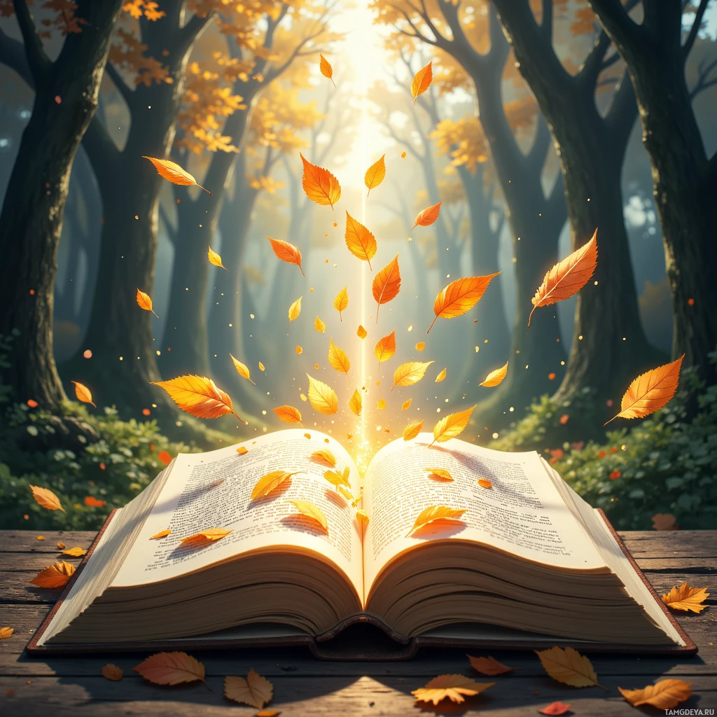 An open book on a wooden surface with autumn leaves falling around it, set against a backdrop of a sunlit forest.