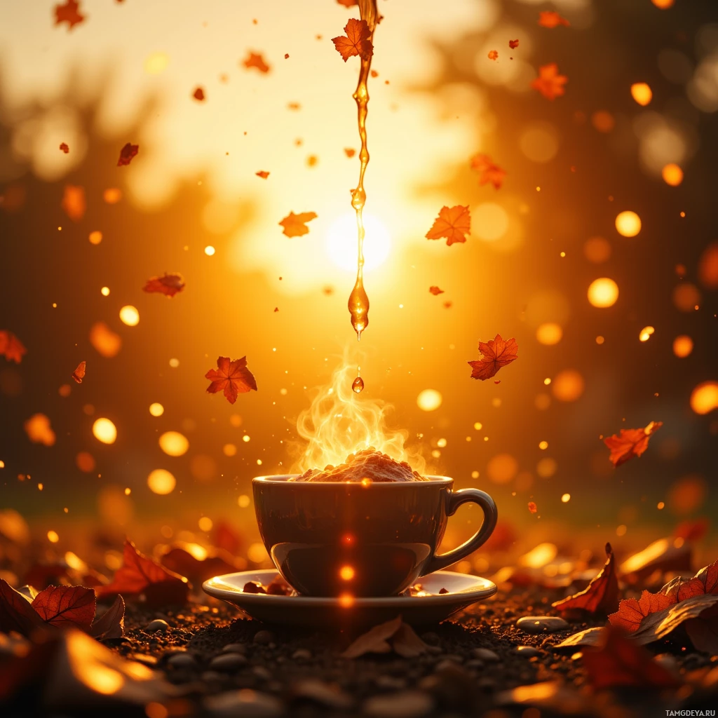 A warm, golden autumn scene featuring a steaming cup of coffee surrounded by falling leaves and glowing bokeh lights.