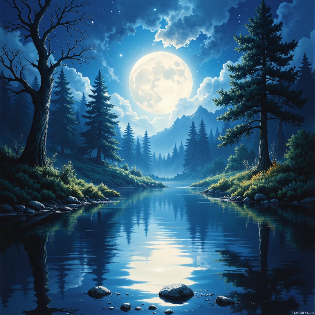 A serene night scene featuring a full moon, a calm river, and tall trees under a starry sky.
