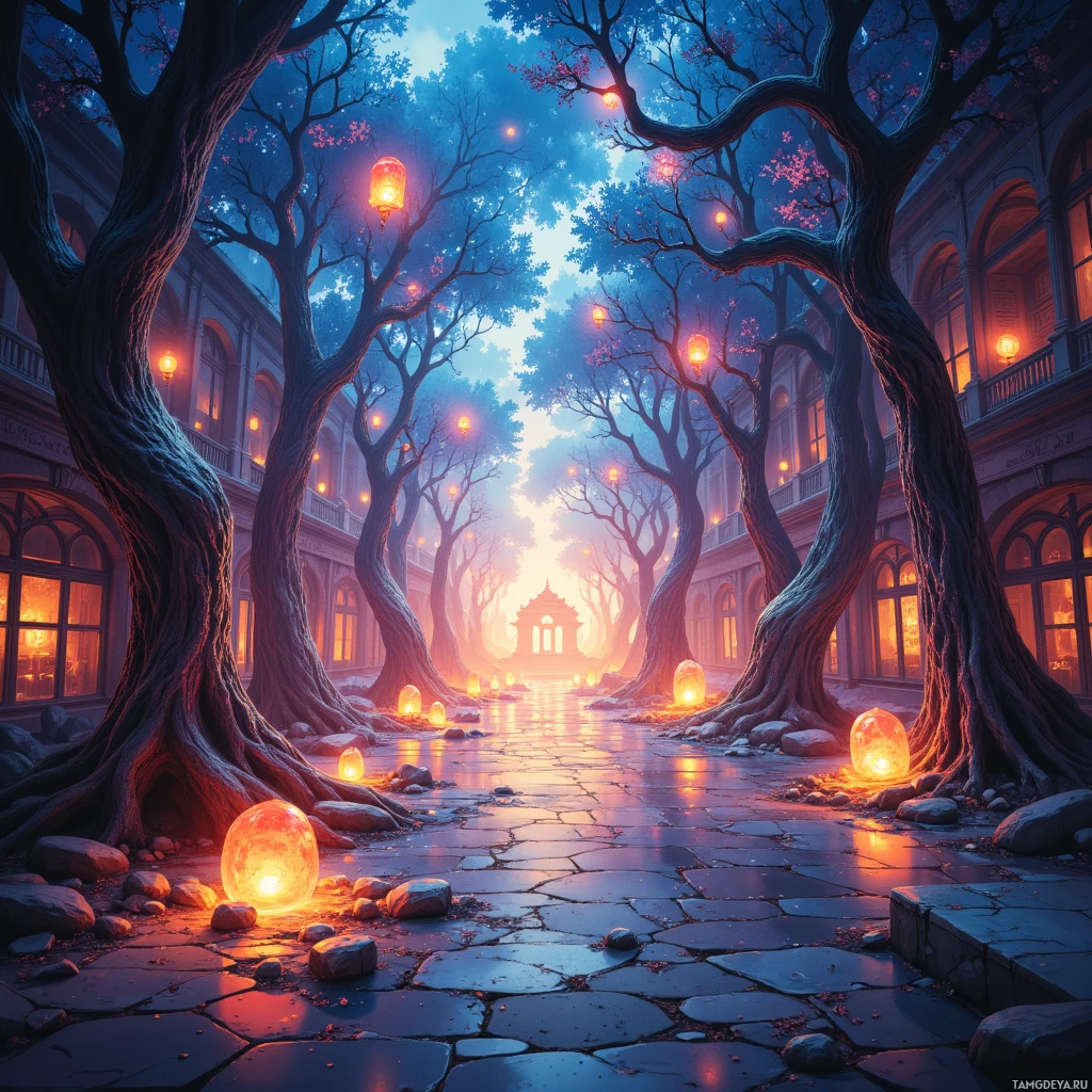 A magical pathway lined with glowing lanterns and ancient trees leads to a distant temple.