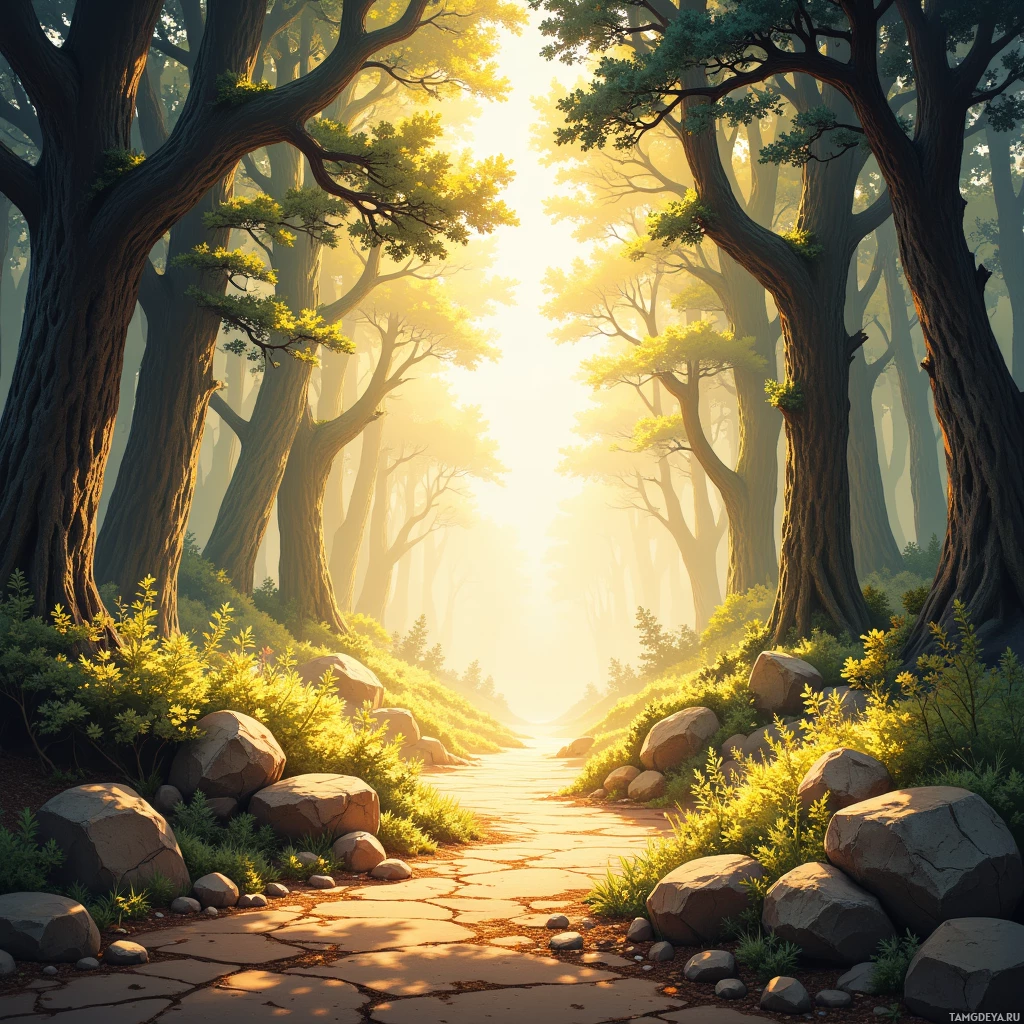 A serene forest path lined with tall trees and bathed in golden sunlight.