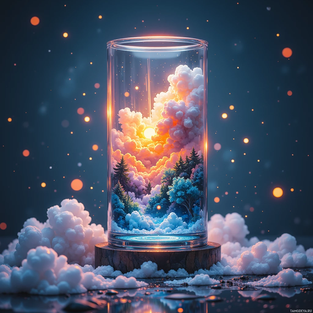 A glass cylinder contains a miniature landscape with trees and clouds, surrounded by glowing particles.
