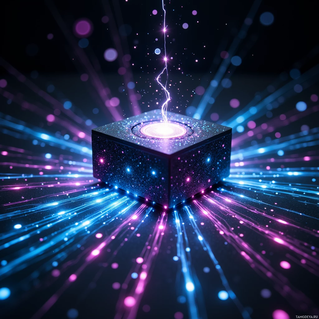 A glowing, futuristic cube emits vibrant light beams and particles against a dark background.