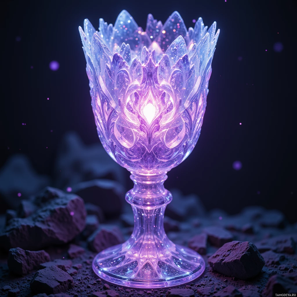 A glowing, ornate glass goblet with a starry background and scattered rocks.