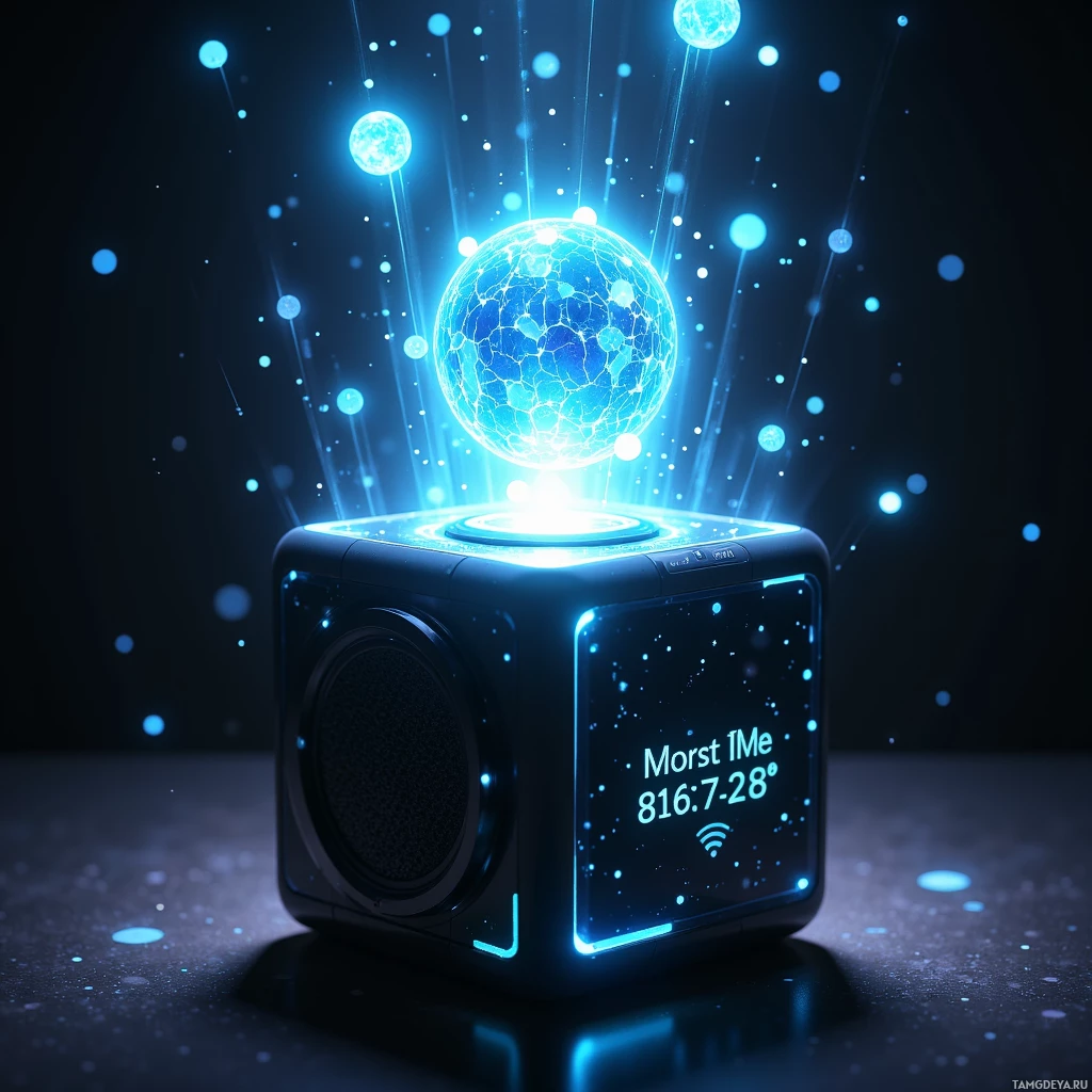 A futuristic cube with glowing blue elements and a spherical light above it.