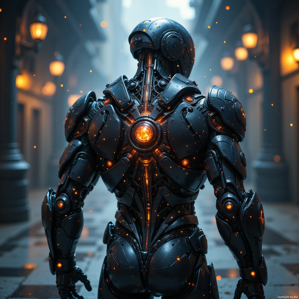 A futuristic armored figure stands in a dimly lit alleyway with glowing orange lights.