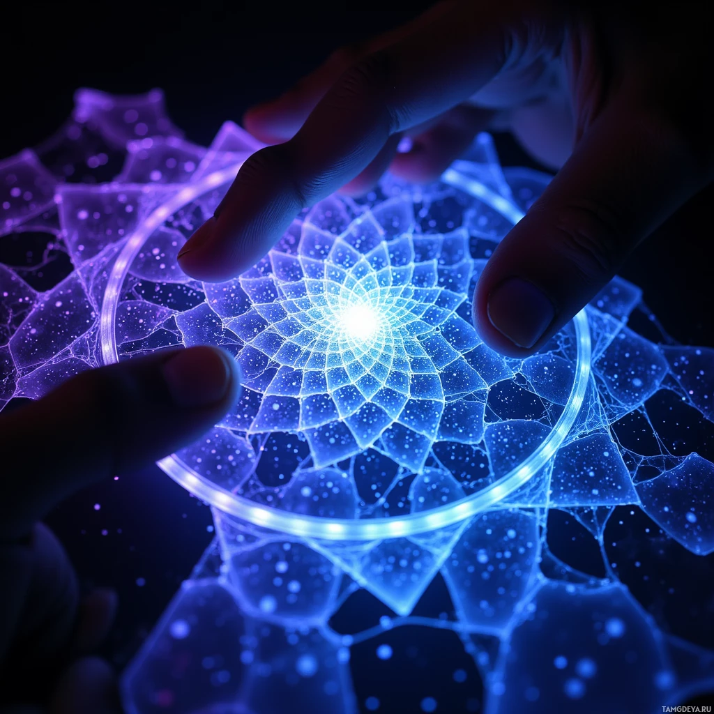 A hand gently touches a glowing, intricate geometric pattern in shades of blue and purple.