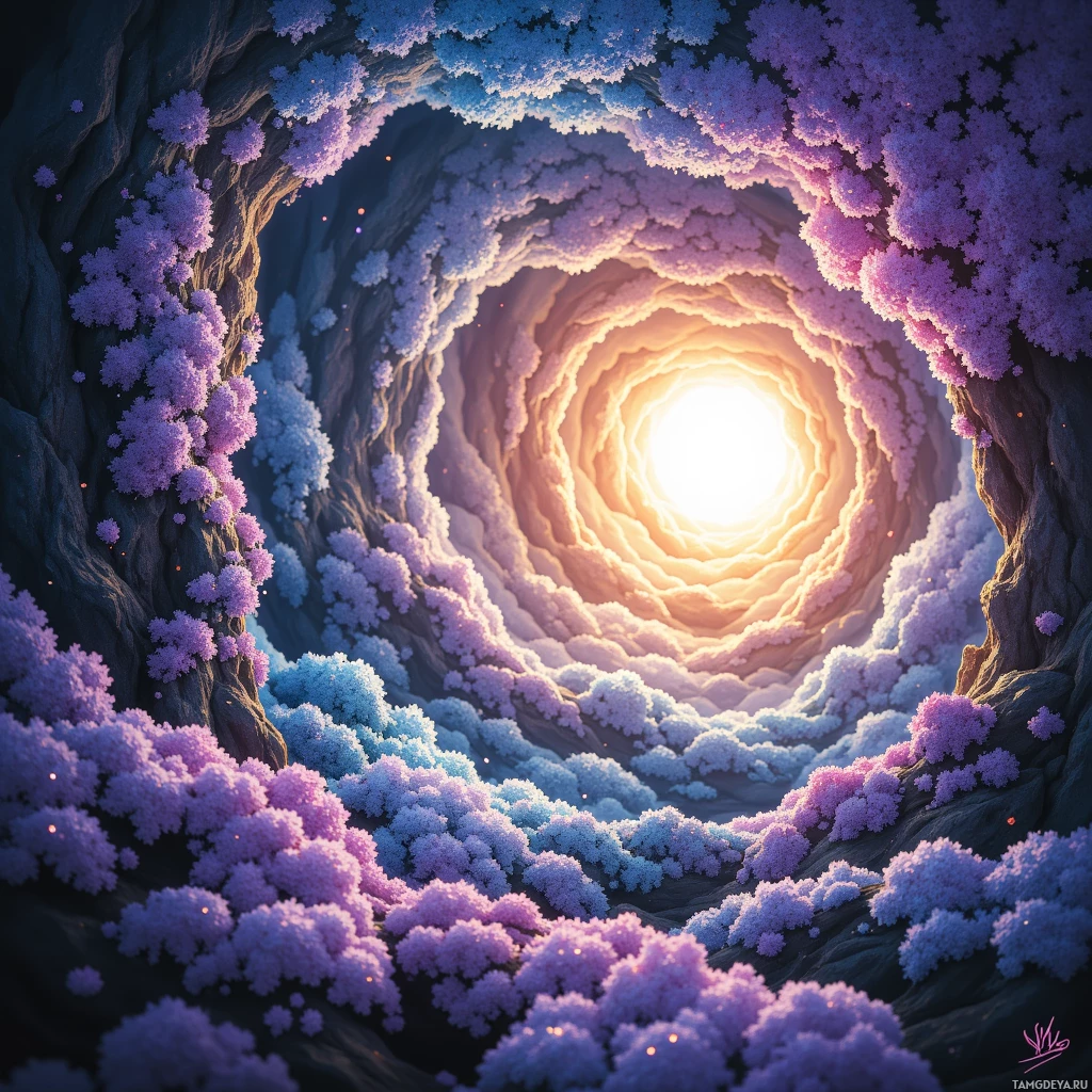 A surreal, glowing tunnel with vibrant purple and blue floral formations leading to a bright light at the end.