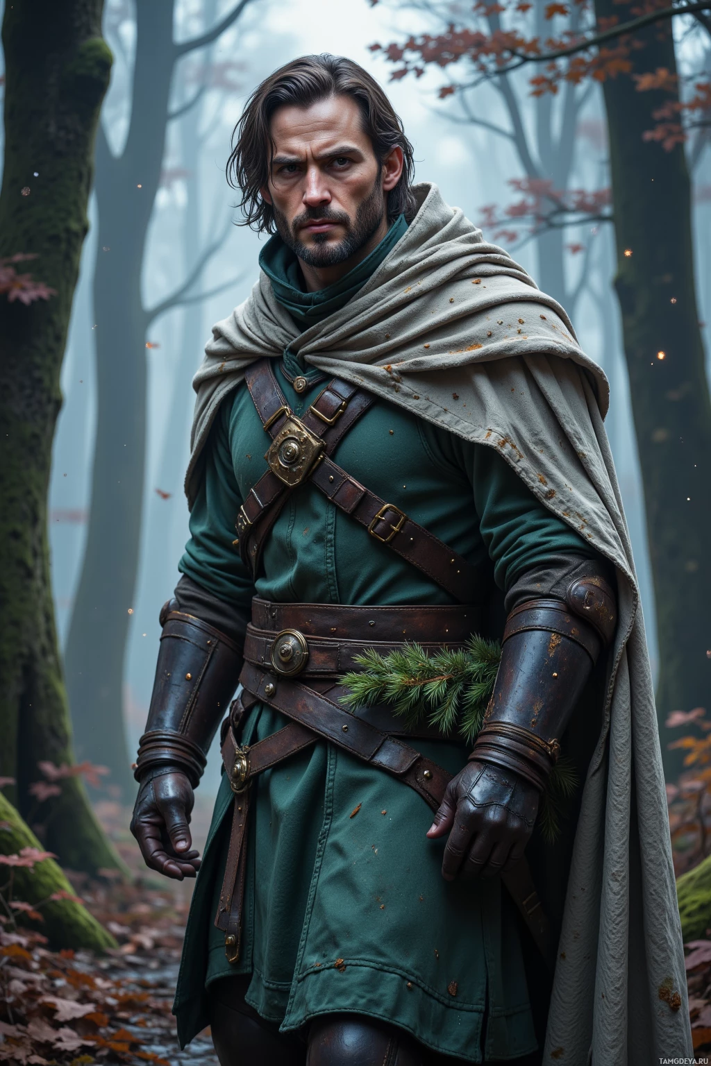 A man in medieval-style armor and a green tunic stands in a misty forest.