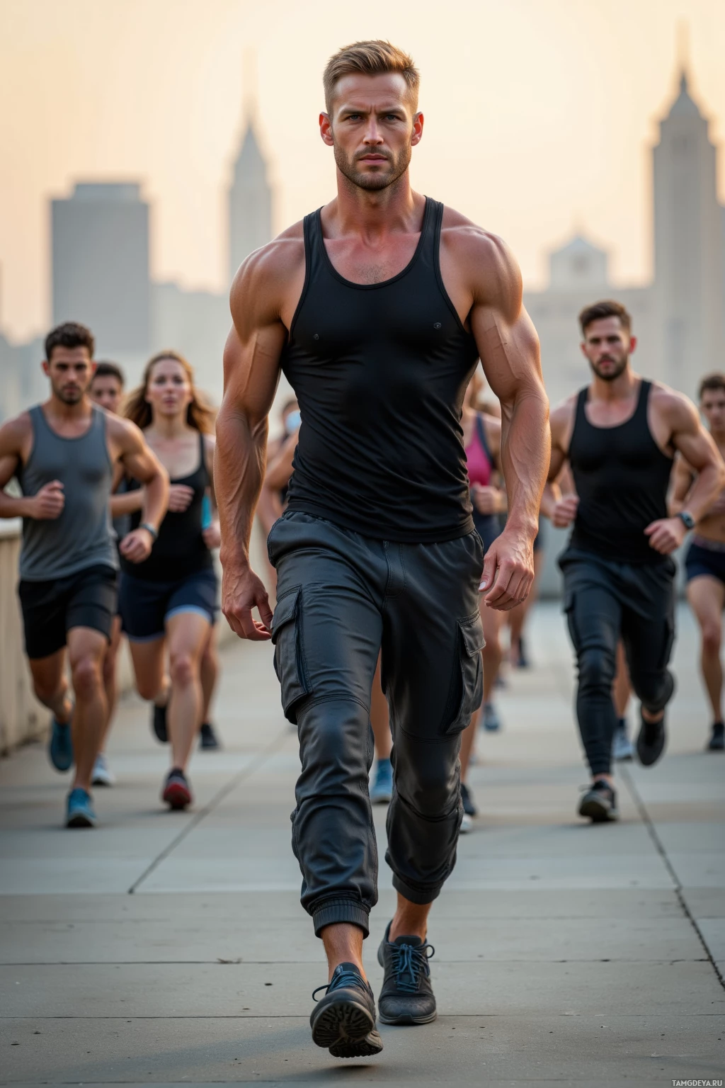 Realistic high quality photo. A muscular 28‑year‑old male fitness coach with short blonde hair, piercing blue eyes, fair skin, wearing a fitted black tank top, rugged dark combat pants, and athletic sneakers, leading a group of runners across a rooftop at dawn, with the city awakening behind him and his determined expression and firm stance conveying disciplined intensity.