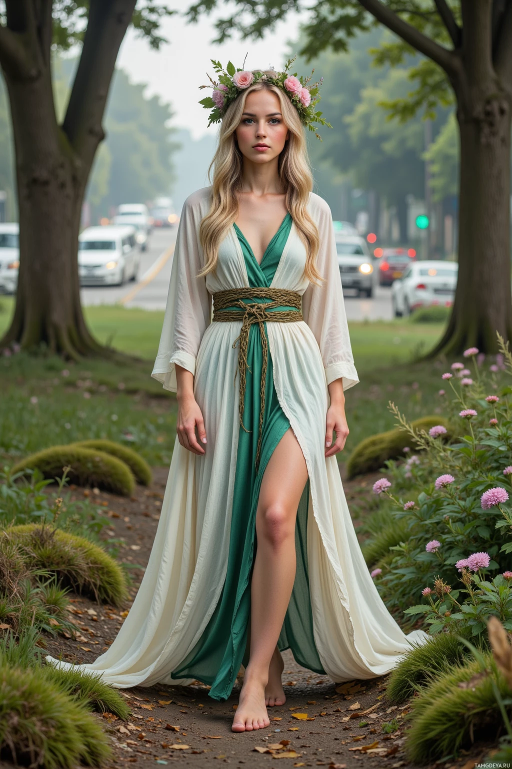 Realistic high quality photo. Tall woman with long blonde hair, blue eyes, fair glowing skin, wearing flowing white and green robes adorned with a crown of woven wildflowers and a belt of intertwined vines, walking barefoot on a mossy forest path, whispering leaves overhead, distant city traffic rumbling in the background, dawn light filtering through trees, serene and balanced atmosphere.