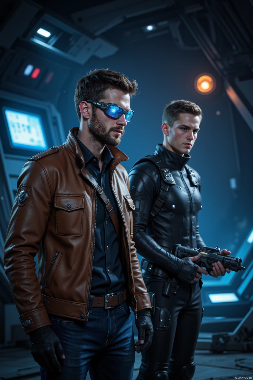 Two individuals in futuristic attire stand in a dimly lit, high-tech environment.