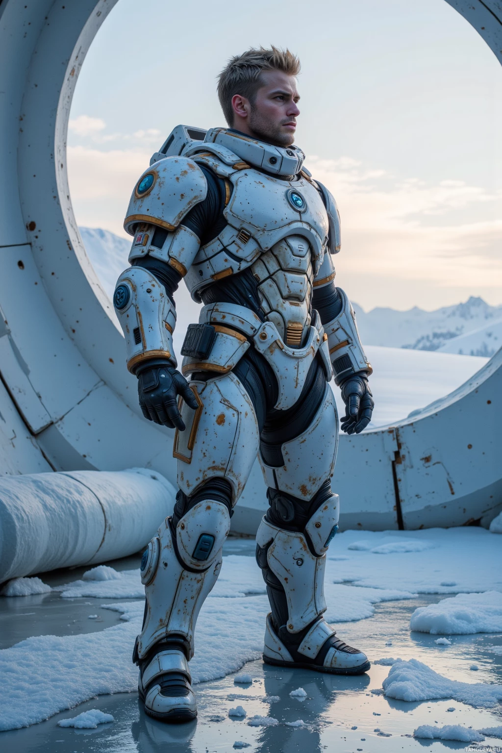 Realistic high quality photo. Muscular male soldier, 31, short dark blonde hair, blue eyes, fair skin, wearing high‑tech futuristic combat armor with helmet visor, standing alone outside a command bunker on a frozen ice dome, dawn light melting over the ice, stoic and precise posture.