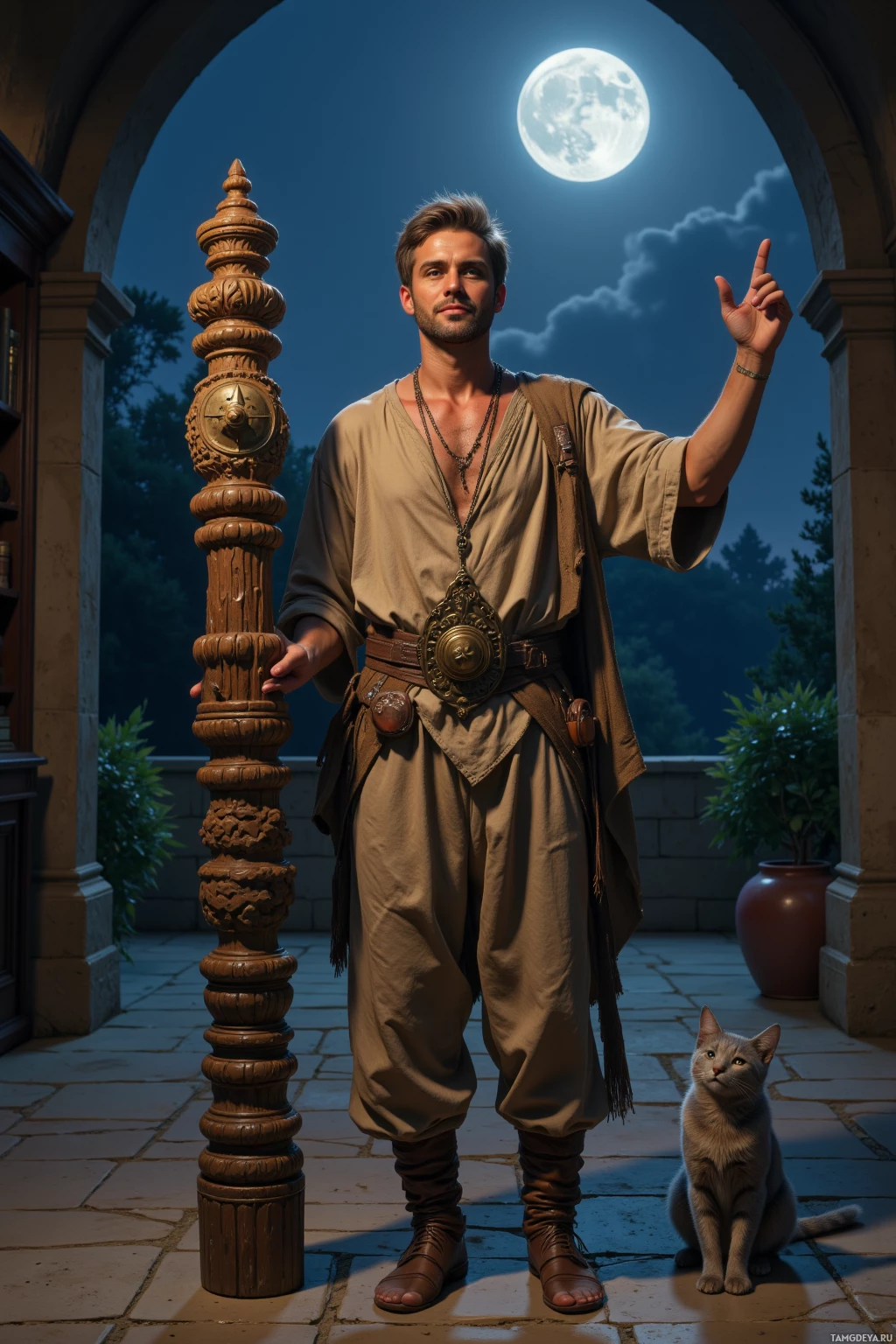 A man in a medieval-style outfit stands under an archway, pointing upwards, with a cat sitting nearby.