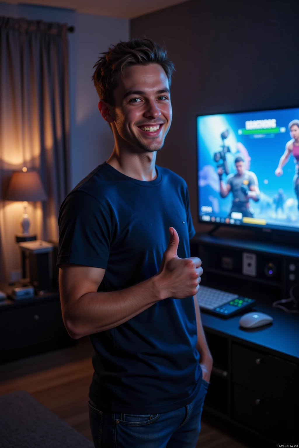 A man in a dark blue shirt gives a thumbs-up in a dimly lit room with a TV displaying a video game.