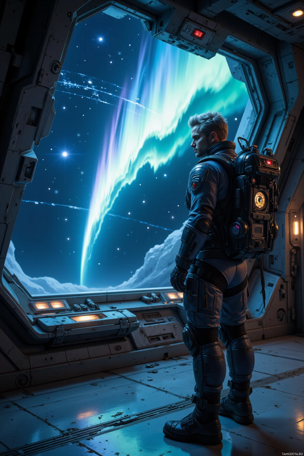 A person in futuristic armor stands inside a spacecraft, gazing out at a vibrant aurora in the sky.