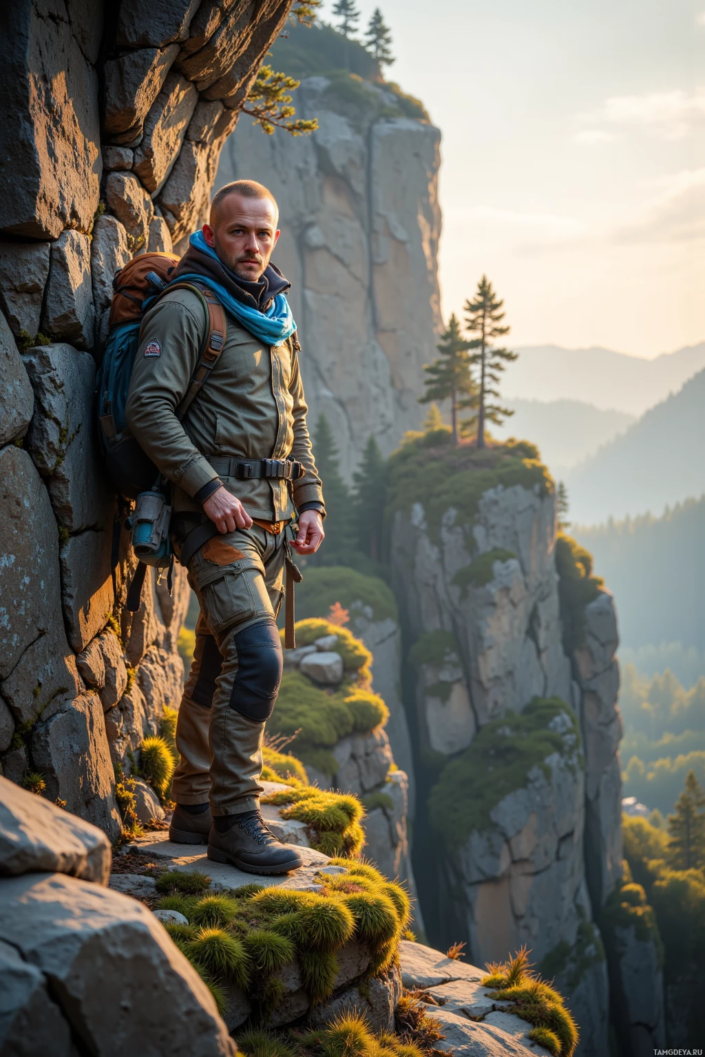 A hiker leans against a rocky cliff edge, overlooking a vast mountainous landscape.