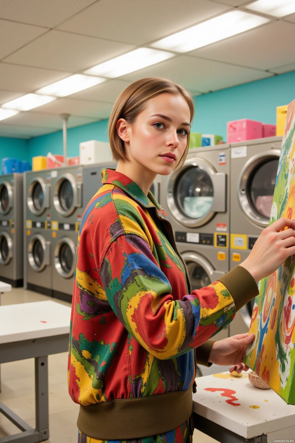 A person in a colorful jacket stands in a laundromat with washing machines in the background.