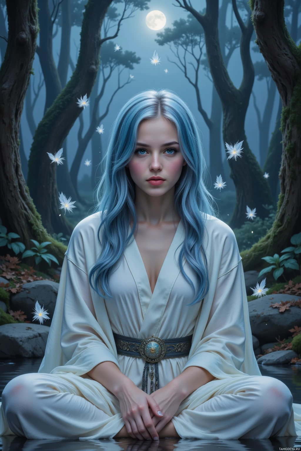 Realistic high quality photo. female, 31, soft blue hair in loose waves, bright blue eyes, pale skin, wearing flowing white robes adorned with feather patterns, seated beside a still forest pool at twilight, whispering to the forest while gentle sprites dance around her, moonlight dimming softly.