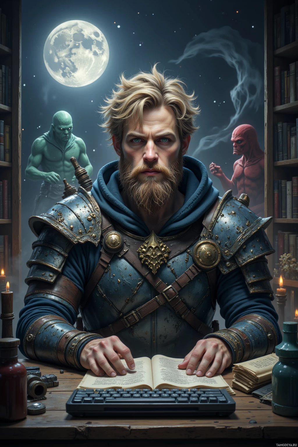 A man in medieval armor sits at a desk, reading an open book, with a large moon and ghostly figures in the background.