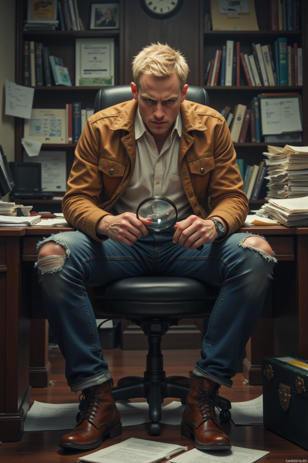 Realistic high quality photo. Male, 34, short blonde hair, blue eyes, pale skin, wearing a worn tan jacket over a white shirt, dark jeans, brown leather boots, holding a magnifying glass with a sarcastic grin, hunched over a cluttered desk full of Excel spreadsheets and government documents in a dimly lit municipal office, looking exhausted yet methodical.