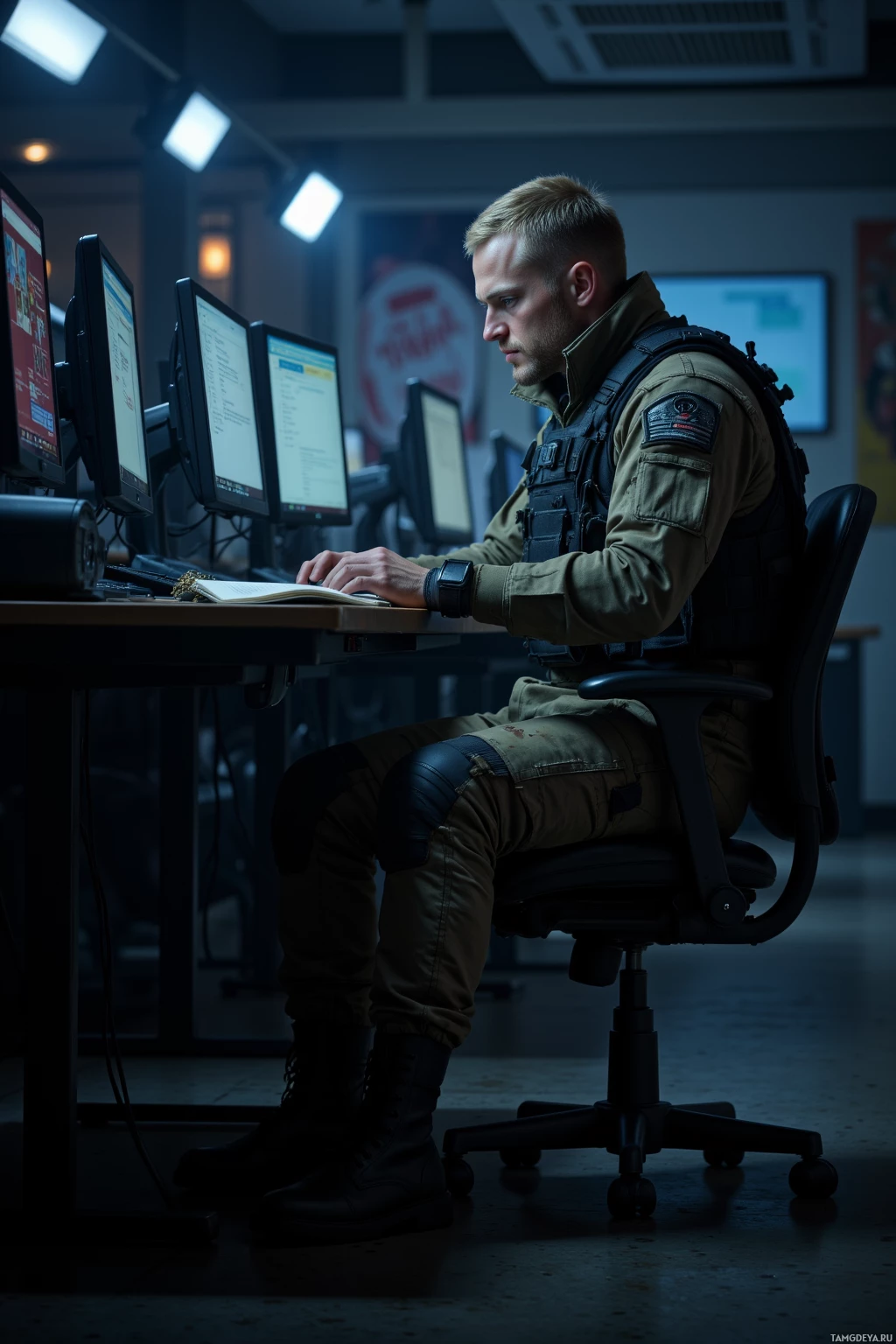 Realistic high quality photo. Male, 29, blonde buzz cut, blue eyes, angular face, in worn tactical gear and sturdy combat boots, sits alone at a dim office desk at night, typing with calm focus, surrounded by the glow of computer screens and faint distant footsteps, closed notebook in hand, methodical and isolated.