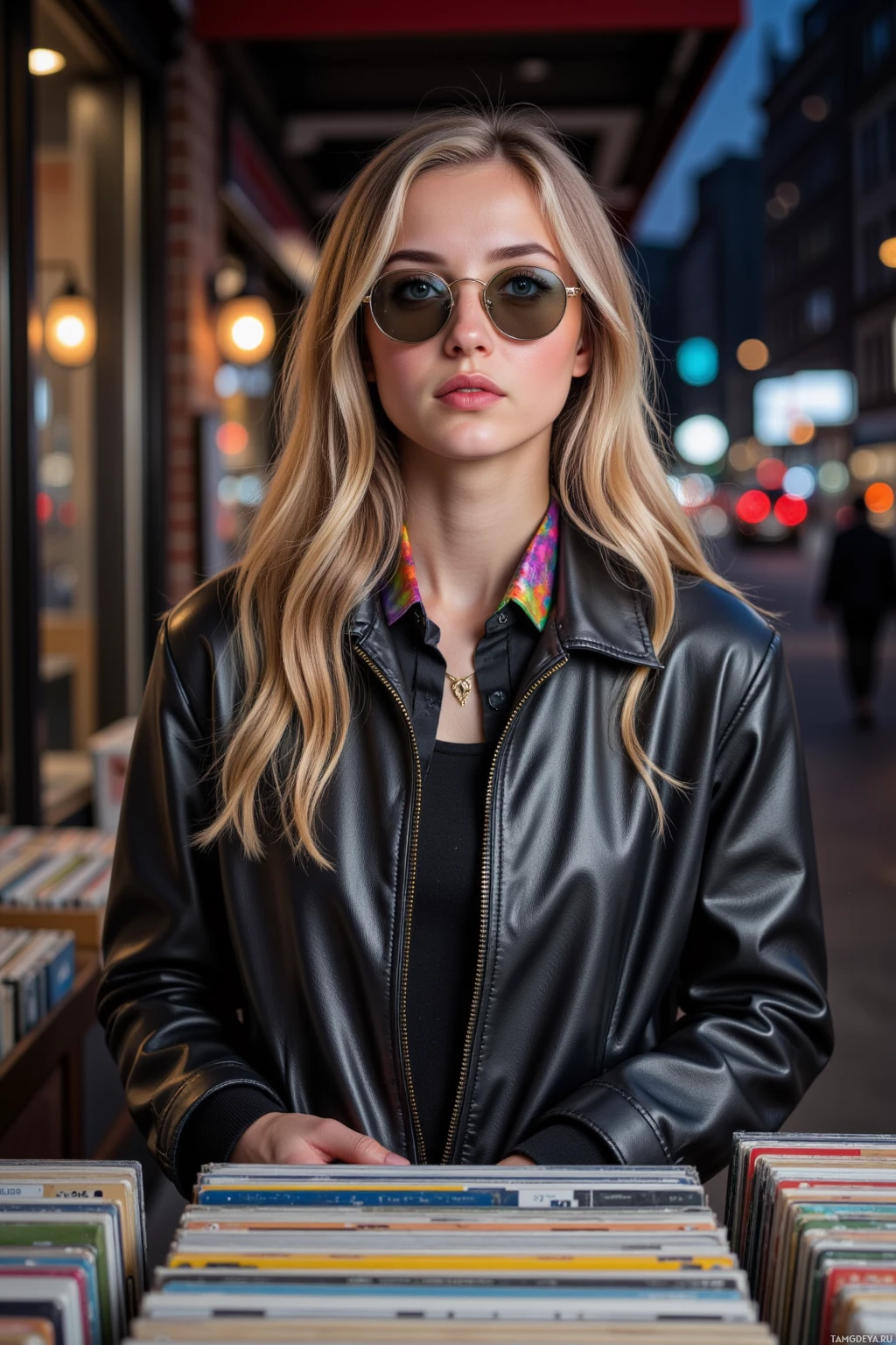 A person stands in front of a display of vinyl records, wearing a black leather jacket and sunglasses.