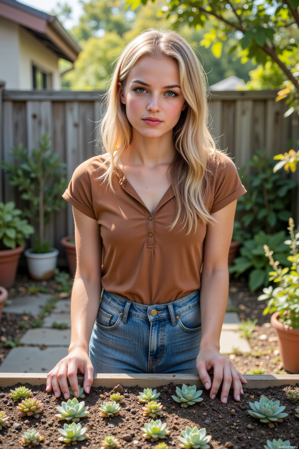 A person stands in a garden, leaning on a wooden border with succulents.