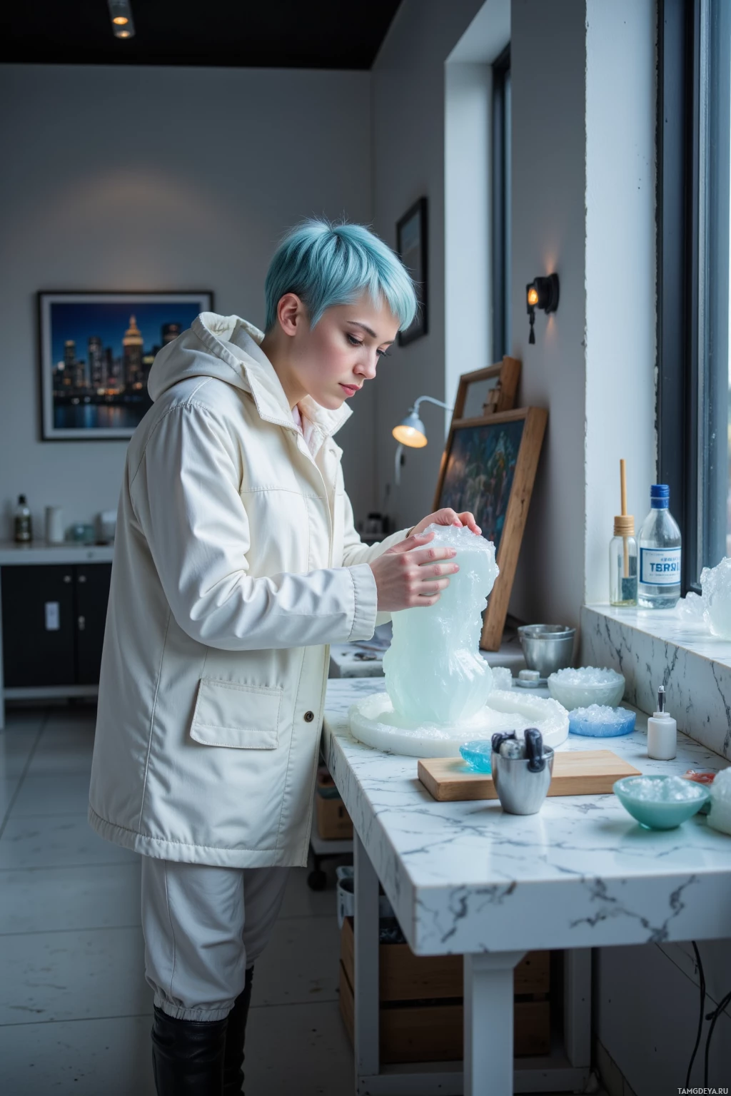 Realistic high quality photo. A woman, 25, short icy blue hair, fair skin, calm eyes, slender build, wearing a thick white parka, matching pants, warm black boots, standing in a quiet modern art studio, intensely carving a block of ice on a worktable, light from a single lamp illuminating her focused face, with a polished marble counter and faint city lights visible through a large window.